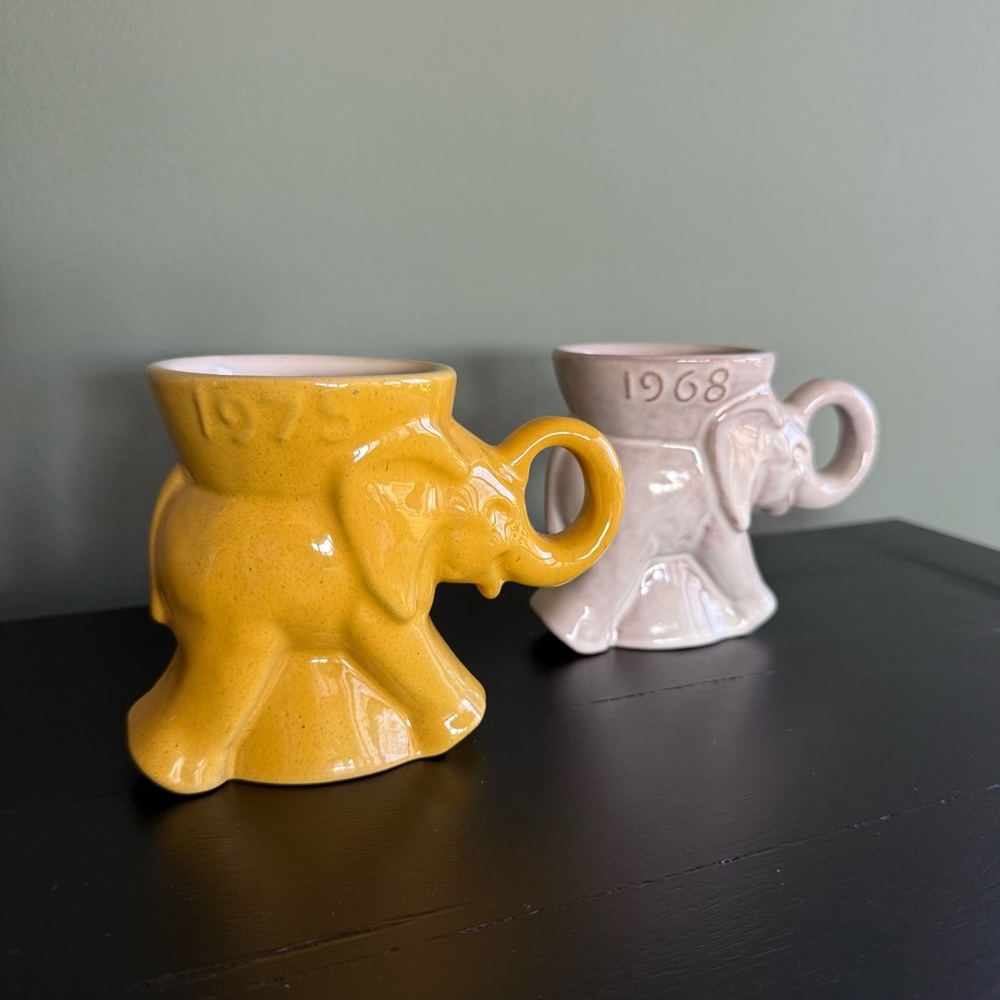 (2) - Excellent Vintage Frankoma Pottery (GOP) Elephant Mugs 1968 & 1975